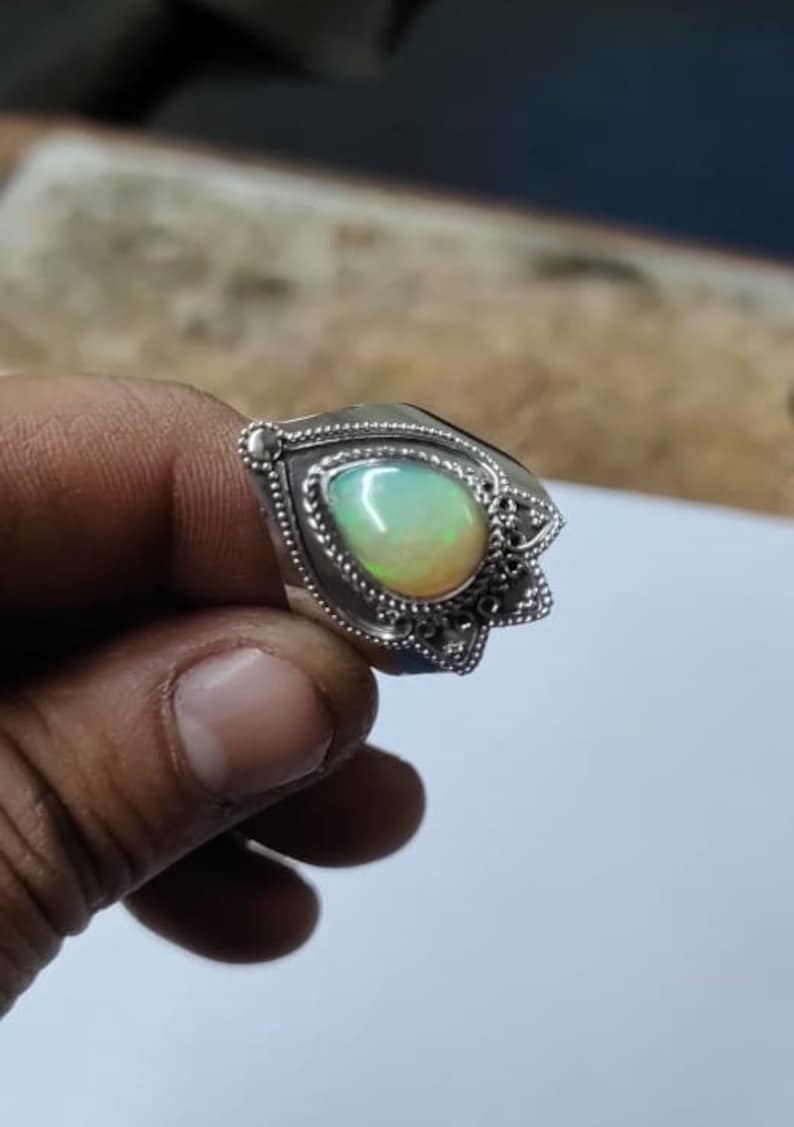 Ethiopian opal Ring, 92.5% Silver Ring, Handmade Ring, Oval Stone Ring, Genuine Ethiopian opal, Statement Ring, Wide Band Ring,Opal Jewelry image 3