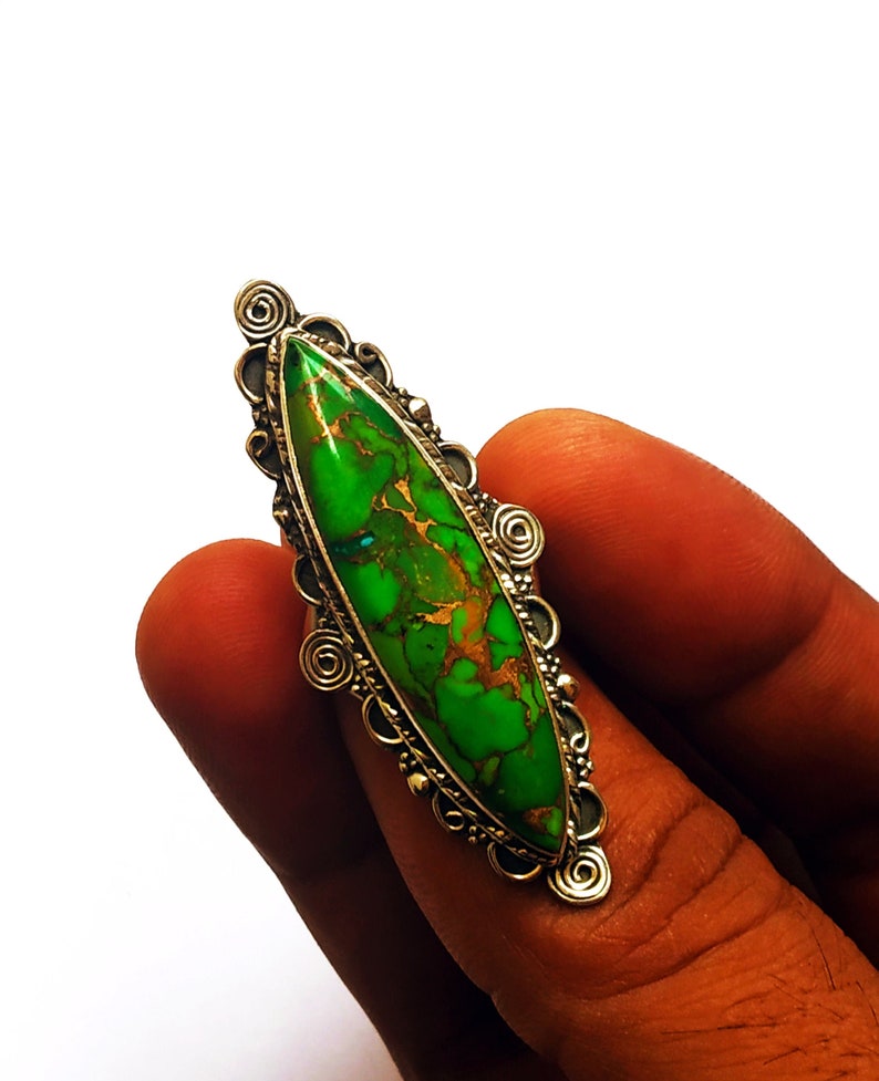 Green Copper Turquoise ring 925 sterling silver ring Long image 0