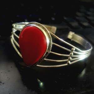 Red Coral Sterling Silver Bangle: Handmade Teardrop Stone Cuff