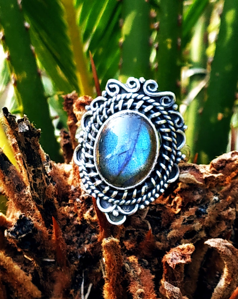 Natural Labradorite Ring 925% Solid Silver ring Deep Blue image 0