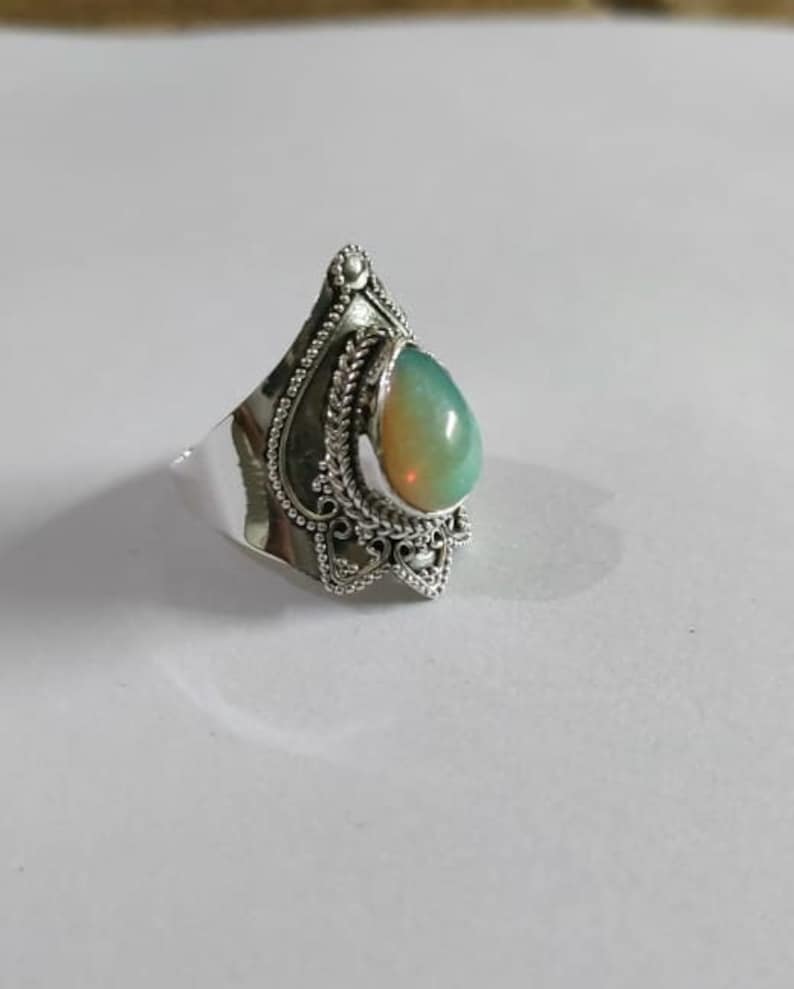 Ethiopian opal Ring, 92.5% Silver Ring, Handmade Ring, Oval Stone Ring, Genuine Ethiopian opal, Statement Ring, Wide Band Ring,Opal Jewelry image 1