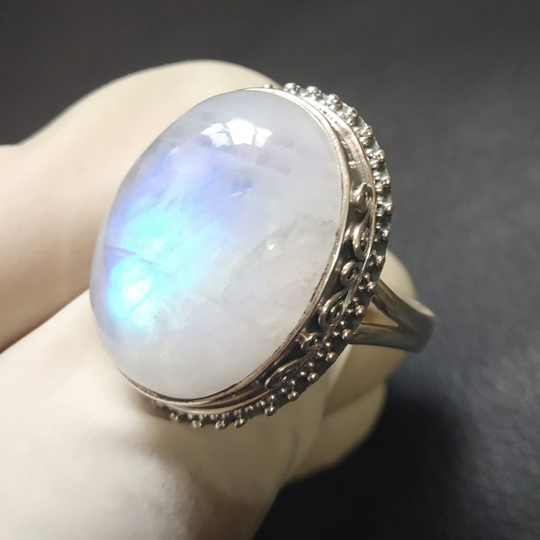 Rainbow Moonstone Ring 92.5 % Sterling Silver June Birthstone Large Stone Ring Healing Ring Mediation Ring Engagement Ring Promise Ring Gift