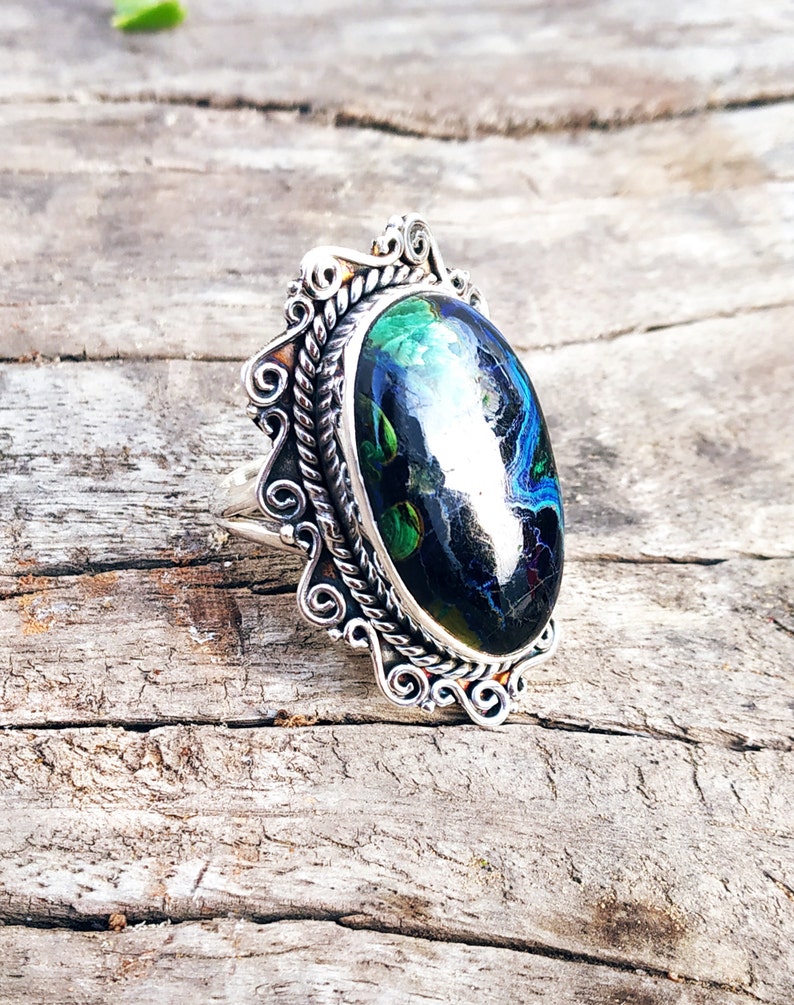 Azurite Malachite Ring 92.5% Sterling Silver ring Big stone image 0