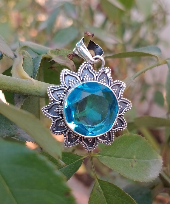 Blue Topaz Quartz Pendant, 92.5% Silver Necklace, Round Stone Pendant, Sky  Color Stone Pendant, Sun Design Pendant,boho Valentines Day Gifts - Etsy