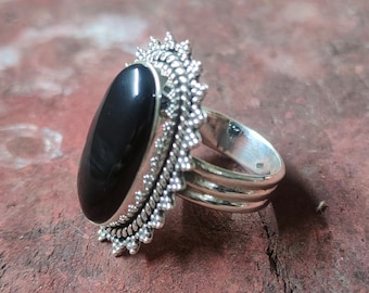 Natural Black Onyx Ring, 92.5% Silver ring, Long Ring, Big Eye Shape Stone Ring, Handcrafted Ring, Black Onyx Jewelry,Gifts for Mom & Sister