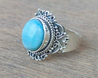 Larimar Ring, 92.5% Sterling Silver Ring, Dominican Larimar Ring, Sky stone ring, Boho Ring, Healing Ring, Blue Stone ring, Larimar jewelry