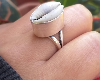 Handmade Sterling Silver Cowrie Shell Ring: Boho Statement Jewelry