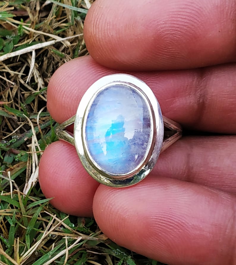 Moonstone ring, 925 silver ring, Promise ring, healing crystal ring, Boho Statement Ring, Oval stone ring, Rainbow Moonstone Jewelry, Hippie image 2