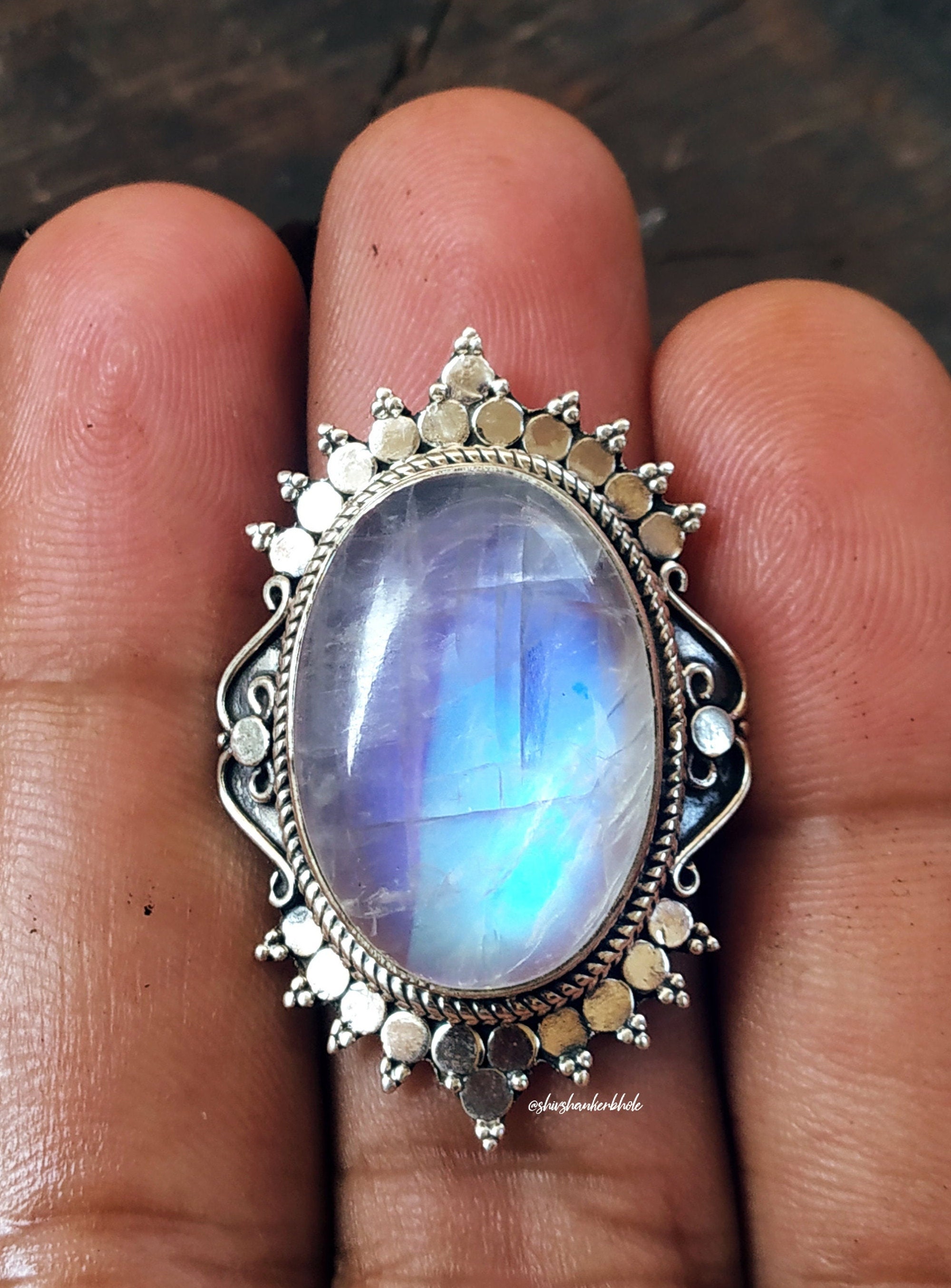 Moonstone ring 92.5% silver ring Big stone ring Blue flash | Etsy