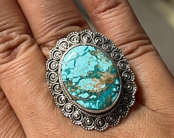 Natural Turquoise Ring, 92.5% Silver Ring, Turquoise Jewelry, Blue Stone ring, Statement Rings, Tibetan Turquoise stone, Best Gifts for MOM