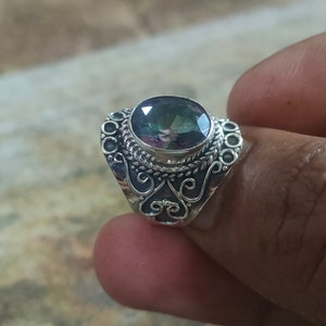 Mystic Topaz ring, 925% silver ring, Rainbow stone ring, Dainty ring, vintage style ring,Delicate ring,Gypsy bohemian ring,Boho wedding ring image 6