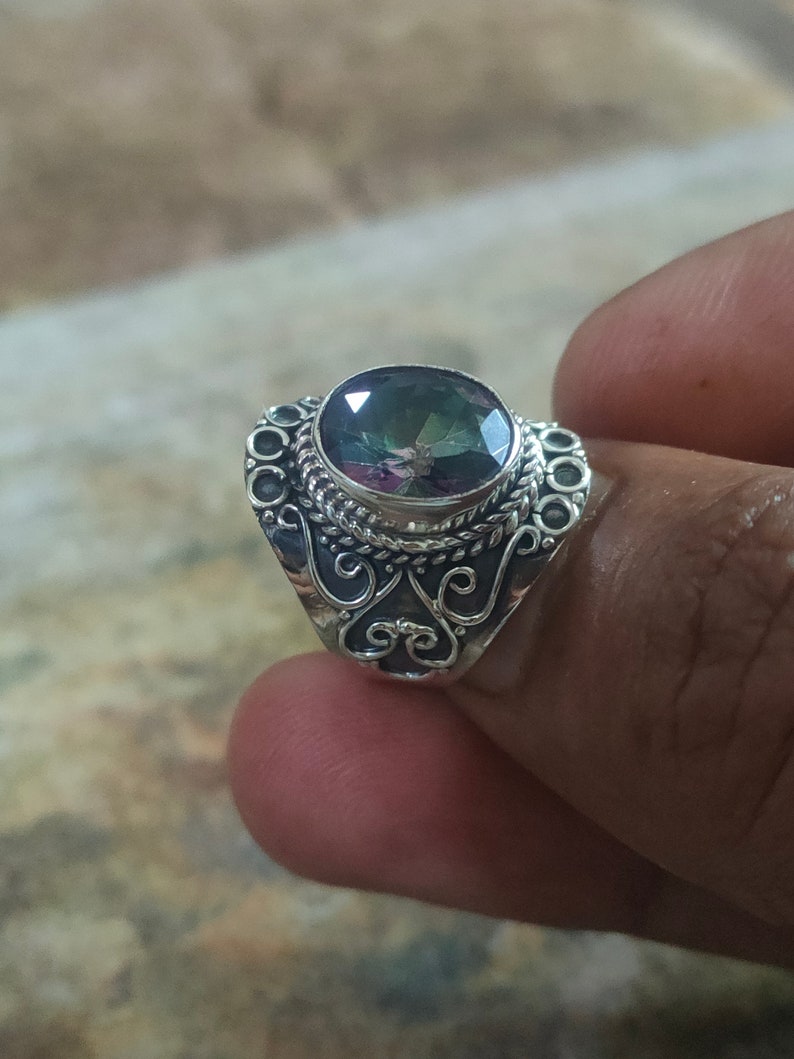 Mystic Topaz ring, 925% silver ring, Rainbow stone ring, Dainty ring, vintage style ring,Delicate ring,Gypsy bohemian ring,Boho wedding ring image 6