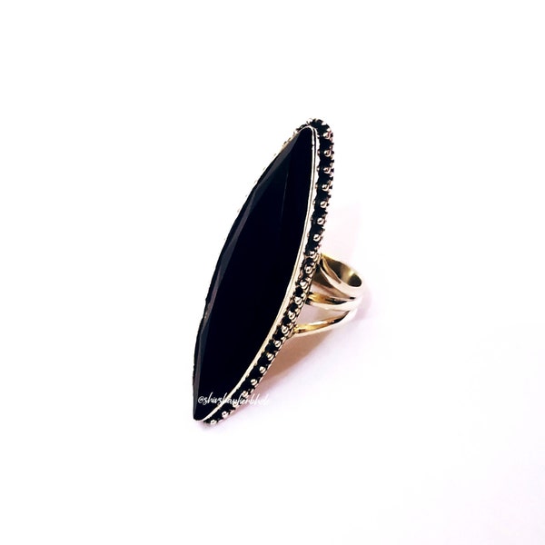 Bague en onyx noir naturel, bague en argent à 92,5%, bague longue, bague en pierre en forme de grand oeil, bague fabriquée à la main, bijoux en onyx noir, cadeaux pour maman et soeur