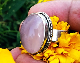 Rose Quartz Sterling Silver Ring: Handmade Boho Statement Jewelry