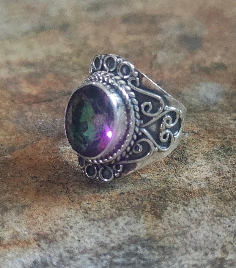 Mystic Topaz ring, 925% silver ring, Rainbow stone ring, Dainty ring, vintage style ring,Delicate ring,Gypsy bohemian ring,Boho wedding ring image 1