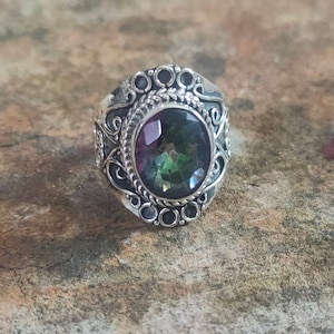 Mystic Topaz ring, 925% silver ring, Rainbow stone ring, Dainty ring, vintage style ring,Delicate ring,Gypsy bohemian ring,Boho wedding ring image 4