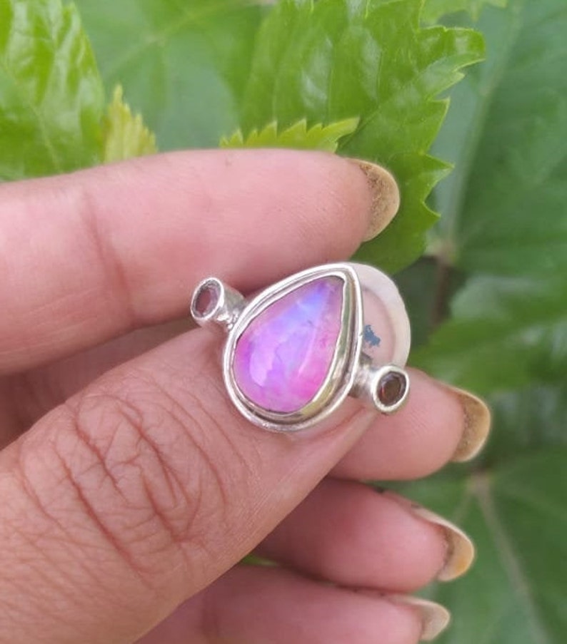 Natural moonstone ring Solid silver ring Pink Stone Ring image 0