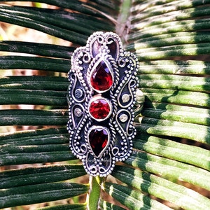 Natural Garnet Ring, 92.5% silver ring, Three stone ring, Handmade ring, Boho Statement Ring, Long Ring Artisan Jewelry Silver Cocktail ring