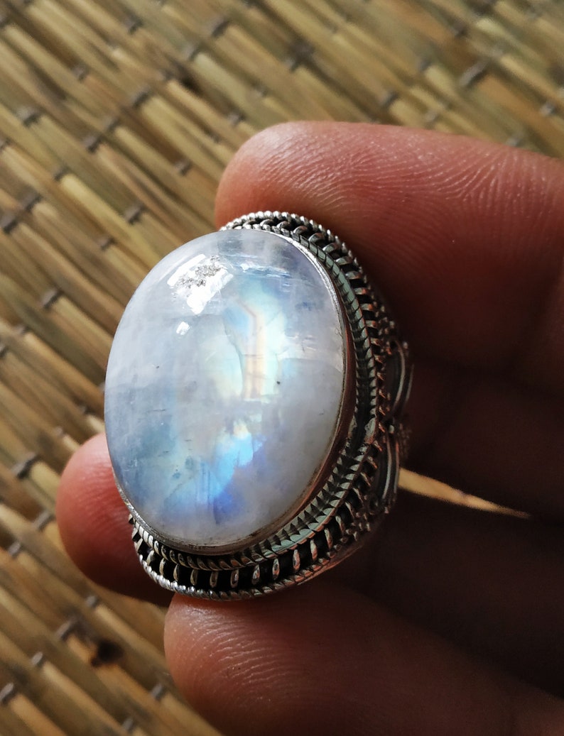 Rainbow Moonstone Ring 92.5% Silver ring June Birthstone image 0