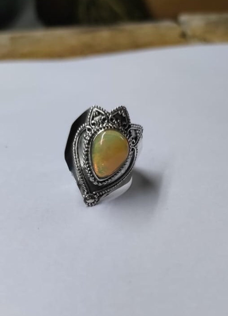 Ethiopian opal Ring, 92.5% Silver Ring, Handmade Ring, Oval Stone Ring, Genuine Ethiopian opal, Statement Ring, Wide Band Ring,Opal Jewelry image 4