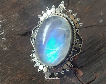 Moonstone ring, 92.5% silver ring, Big stone ring, Blue flash stone ring, Boho Statement ring, Best Gifts for MOM, Rainbow Moonstone Jewelry