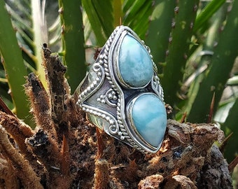 Larimar Ring, 92.5% silver ring Blue Stone ring Boho Statement Ring Dominican Republic Larimar Jewelry Water-Drop stone ring Blue Stone ring