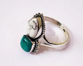 Howlite Ring, 92.5% silver ring, White Stone ring, Turquoise Ring, Boho statement ring, Long ring, One of a kind ring, White Buffalo Jewelry