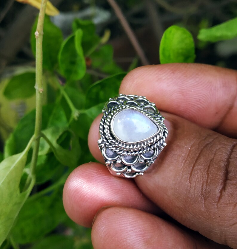 Rainbow Moonstone ring 925 silver ring Blue flashy stone image 0