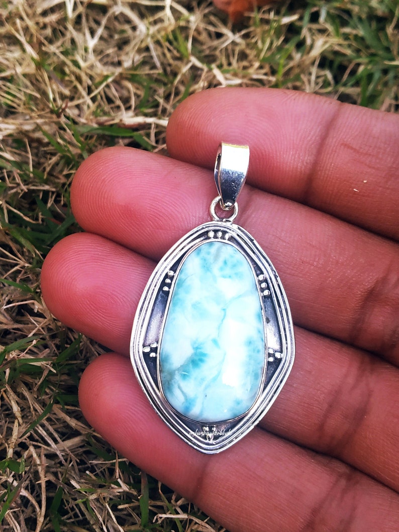 Boho Larimar Pendant 92.5% Silver Pendant Blue Stone image 0