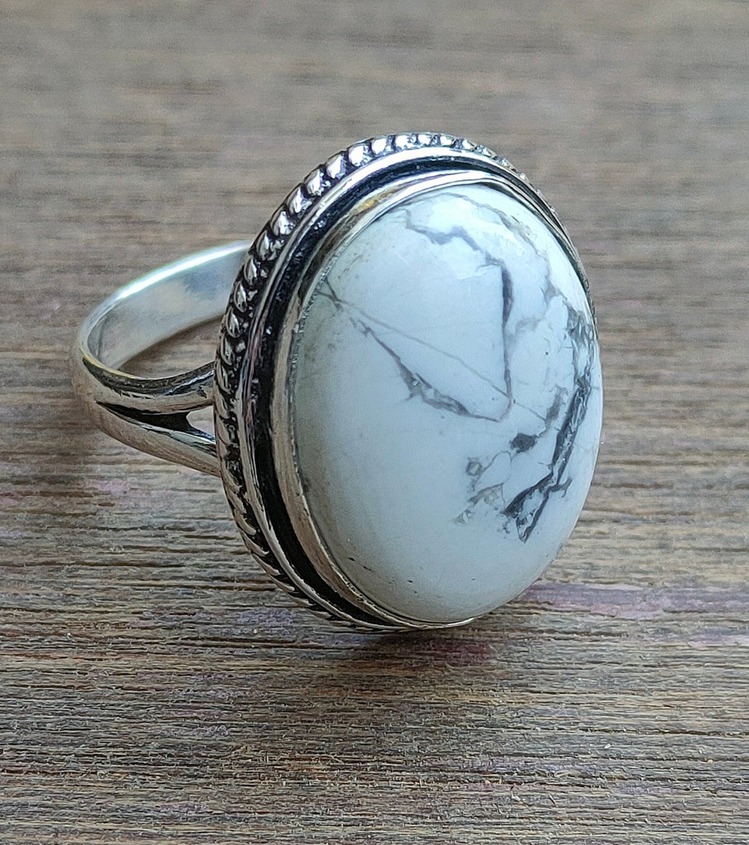 Oval Howlite Ring: Sterling Silver Bezel, White Buffalo Stone - Etsy
