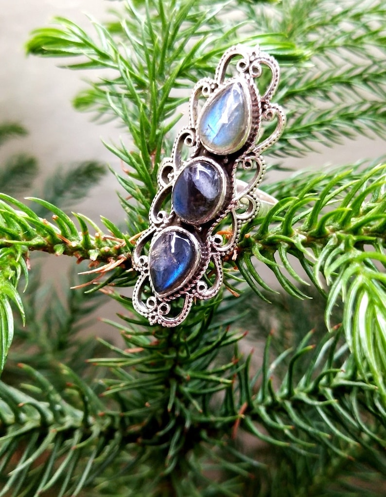 Labradorite Ring, 92.5% Silver Ring, Long Ring, Natural Labradorite jewelry, Handcrafted Ring, Statement Ring,Best Gifts for MOM,Boho Ring image 5