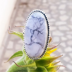 White Howlite ring, 92.5% silver ring, White Buffalo ring, White Turquoise ring, white marble ring, One of a kind ring, Big stone ring