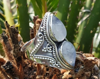 Rainbow Moonstone Ring: Sterling Silver Dual Stone Boho Statement