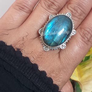 Labradorite Ring, 925 Sterling silver ring, Big stone ring, Blue Flash Stone ring, OOAK Ring, Handcrafted ring, Statement ring,Boho Ring