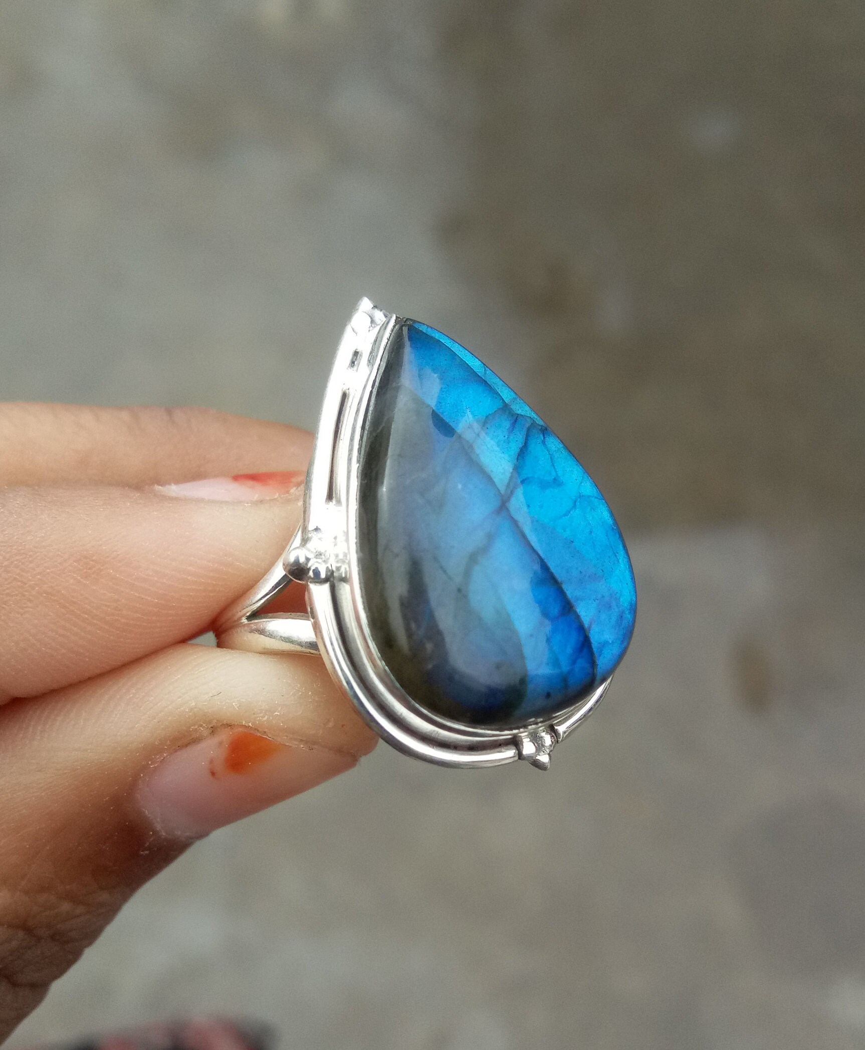 Bague Labradorite Bleue Argent Massif 925 Réglable 52-59 - Création Française