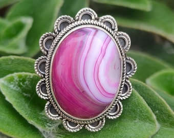 Handmade Sterling Silver Pink Botswana Agate Ring: Boho Statement Jewelry