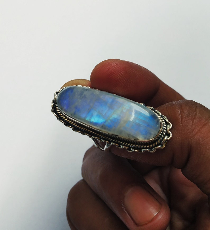 Rainbow Moonstone Ring 92.5 Sterling Silver ring June image 4