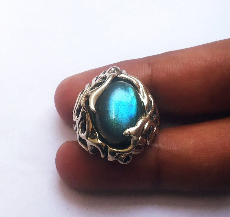 Labradorite ring 925 Solid silver Ring Men ring Blue Flashy image 0