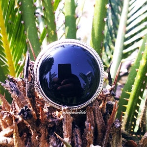 Natural Black Onyx ring, 92.5 silver ring, Circle stone ring, 20mm Big stone Ring, Boho Statement Ring,Black onyx Jewelry,One of a kind ring