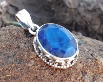 Sapphire Pendant, 92.5% silver pendant, Boho Statement pendant, Faceted stone pendant, Blue Stone pendant, Designer Pendant, Boho Pendant
