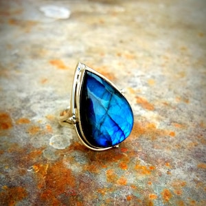 Handmade Pear Labradorite Ring: Sterling Silver Blue Fire Jewelry
