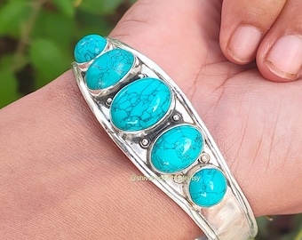 Turquoise Stone Bangle, 92.5% Silver Bangle, 5 Stone Bangle, Customized Bangle,Adjustable Bangle,Statement Bangle,Handmade Turquoise jewelry