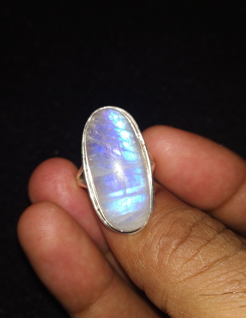 Natural Rainbow Moonstone Ring 925% Silver Ring Blue Flashy image 0