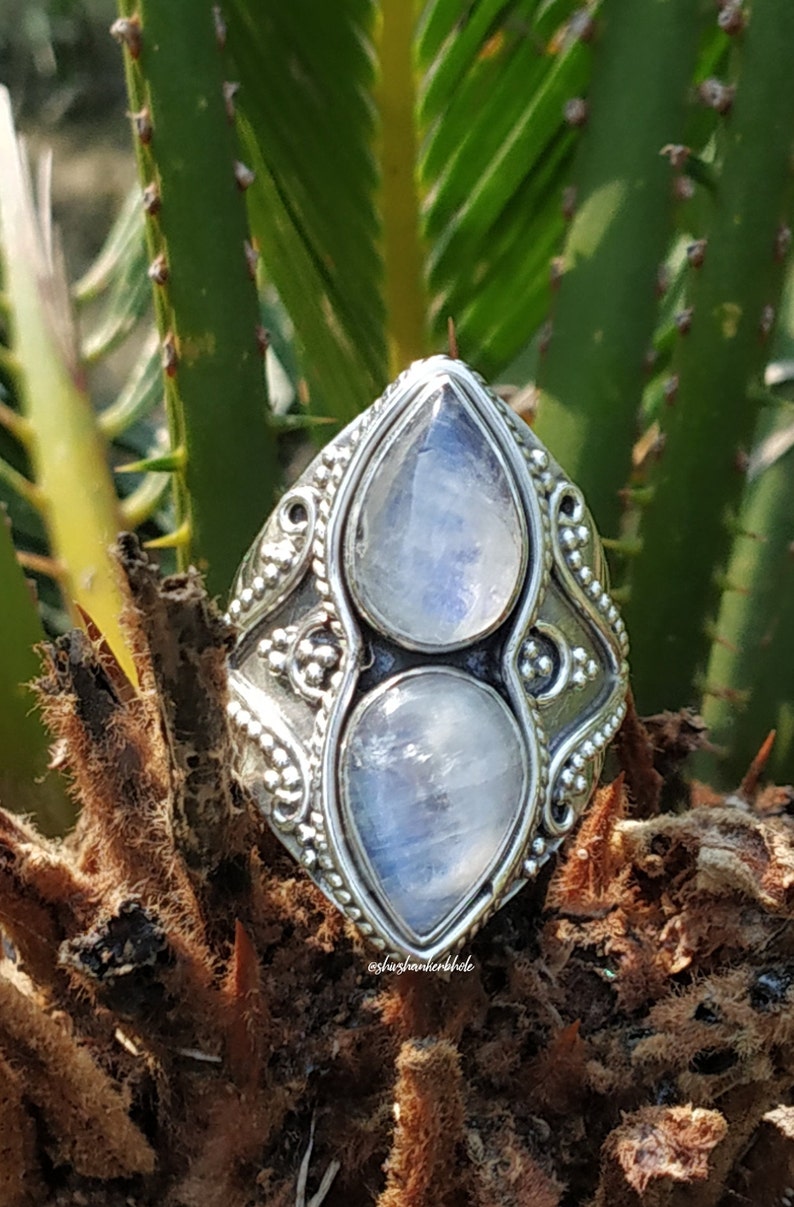 Natural Moonstone ring 92.5% silver ring Dual stone ring image 1