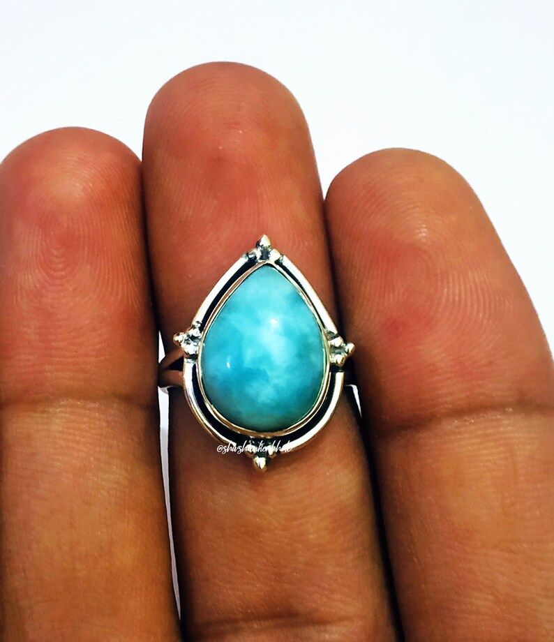 Boho Larimar Ring Solid Silver ring Natural Larimar Gemstone Etsy