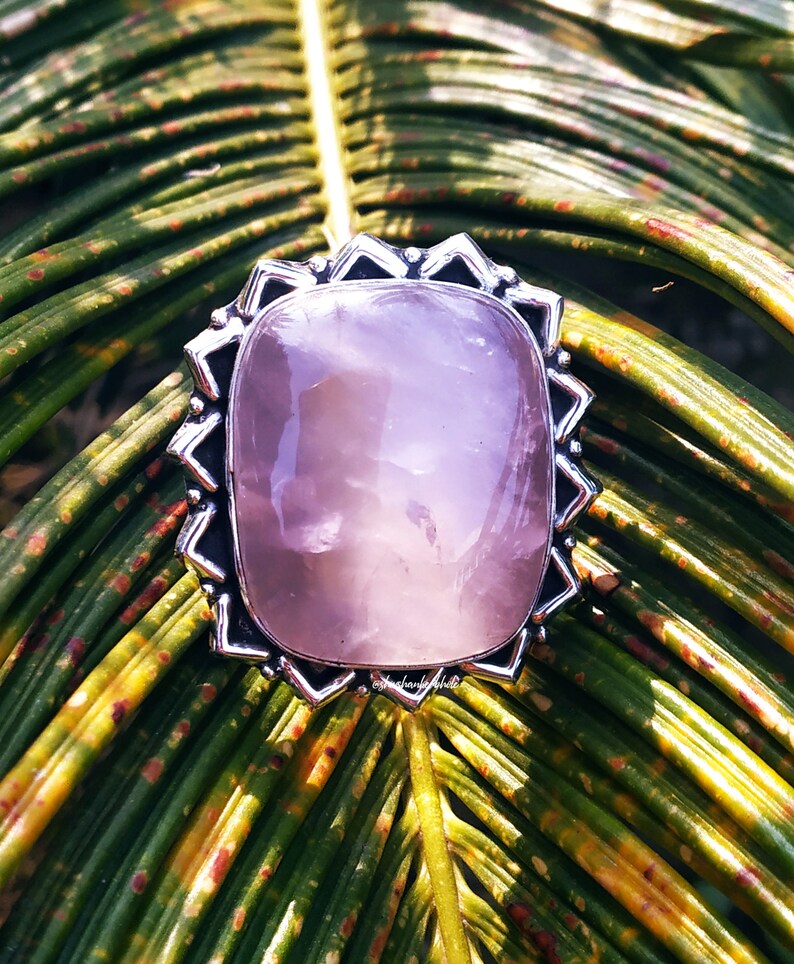 Boho Rose quartz ring 92.5%  silver ring Big Rectangle stone image 0