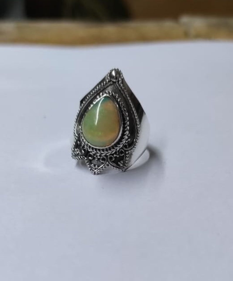 Ethiopian opal Ring, 92.5% Silver Ring, Handmade Ring, Oval Stone Ring, Genuine Ethiopian opal, Statement Ring, Wide Band Ring,Opal Jewelry image 2