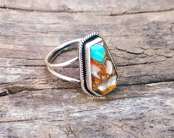 Turquoise Coffin Ring: Pink Opal Sterling Silver Boho Statement Ring