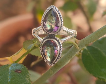 Mystic Topaz Ring, Rainbow Topaz Ring, Solid Silver Ring, Teardrop Stone ring, Handmade Jewelry,Handcrafted Silver Ring,Mystic Topaz Jewelry