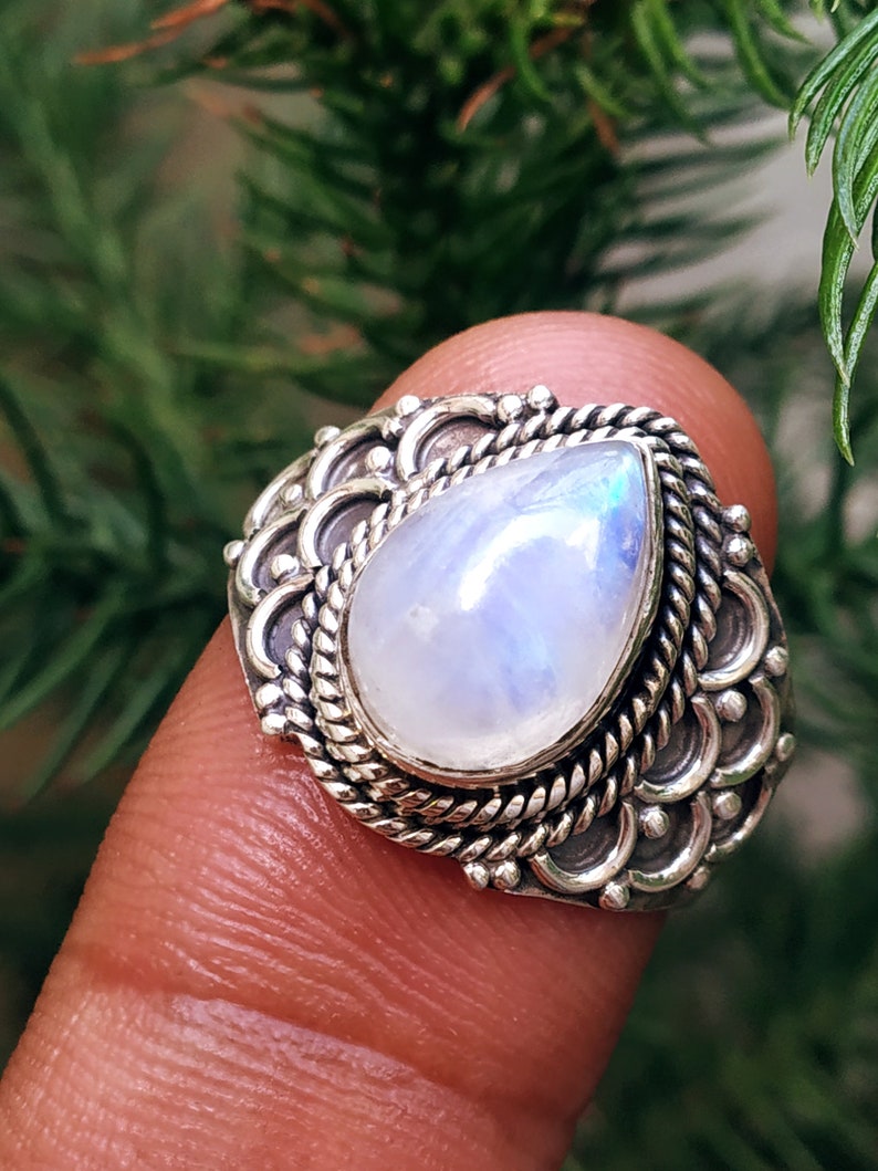 Rainbow Moonstone ring 925 silver ring Blue flashy stone image 0